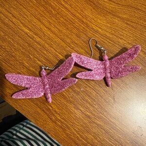 Pink Glitter Dragonfly Earrings